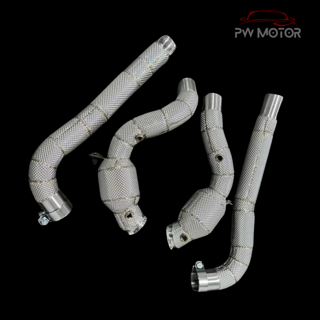 Mercedes AMG GT C190 Downpipes with Heat Shields and 200 Cell | PW Motor