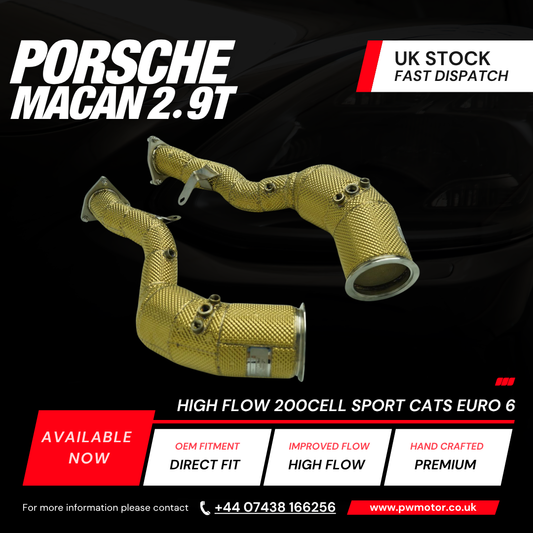 Porsche Macan 2.9T High Flow Sport Cats 200Cell Euro6 Gold Heat Shielded OPF Downpipes | PW Motor