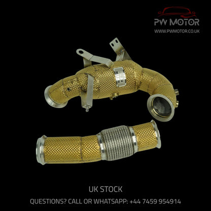 Mercedes A45S / CLA45S / GLA45S Sport Cats 200cell EURO6 127mm Downpipes Heat Shielded with OPF/GPF and Temperature Sensor with flexi pipe | PW Motor