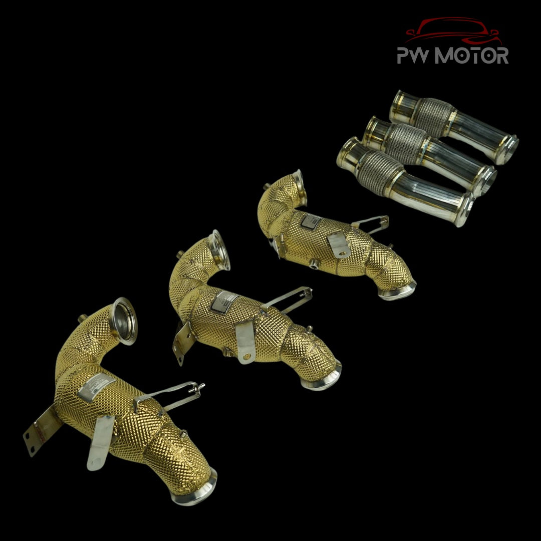 Mercedes A45S / CLA45S / GLA45S Sport Cats 200cell EURO6 127mm Downpipes Heat Shielded with OPF/GPF and Temperature Sensor with flexi pipe | PW Motor