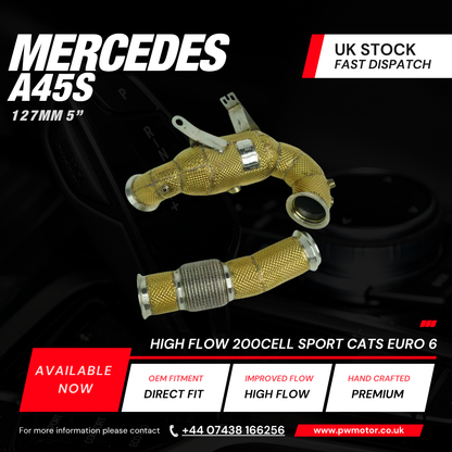 Mercedes A45S / CLA45S / GLA45S Sport Cats 200cell EURO6 127mm Downpipes Heat Shielded with OPF/GPF and Temperature Sensor with flexi pipe | PW Motor
