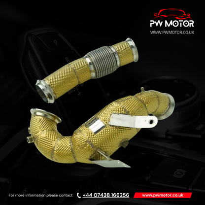 Mercedes A45S / CLA45S / GLA45S Sport Cats 200cell EURO6 127mm Downpipes Heat Shielded with OPF/GPF and Temperature Sensor with flexi pipe | PW Motor
