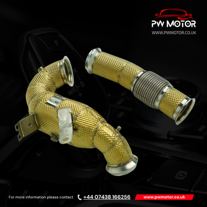 Mercedes A45S / CLA45S / GLA45S Sport Cats 200cell EURO6 127mm Downpipes Heat Shielded with OPF/GPF and Temperature Sensor with flexi pipe | PW Motor