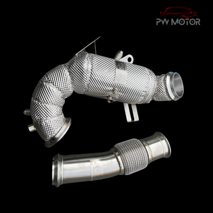 Mercedes A45S / CLA45s 200cell EURO6 Catted 127mm Downpipes Heat Shielded with OPF/GPF and Temperature Sensor with flexi pipe | PW Motor