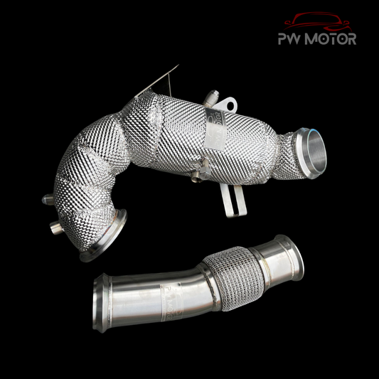 Mercedes A45S / CLA45s 200cell EURO6 Catted 127mm Downpipes Heat Shielded with OPF/GPF and Temperature Sensor with flexi pipe | PW Motor