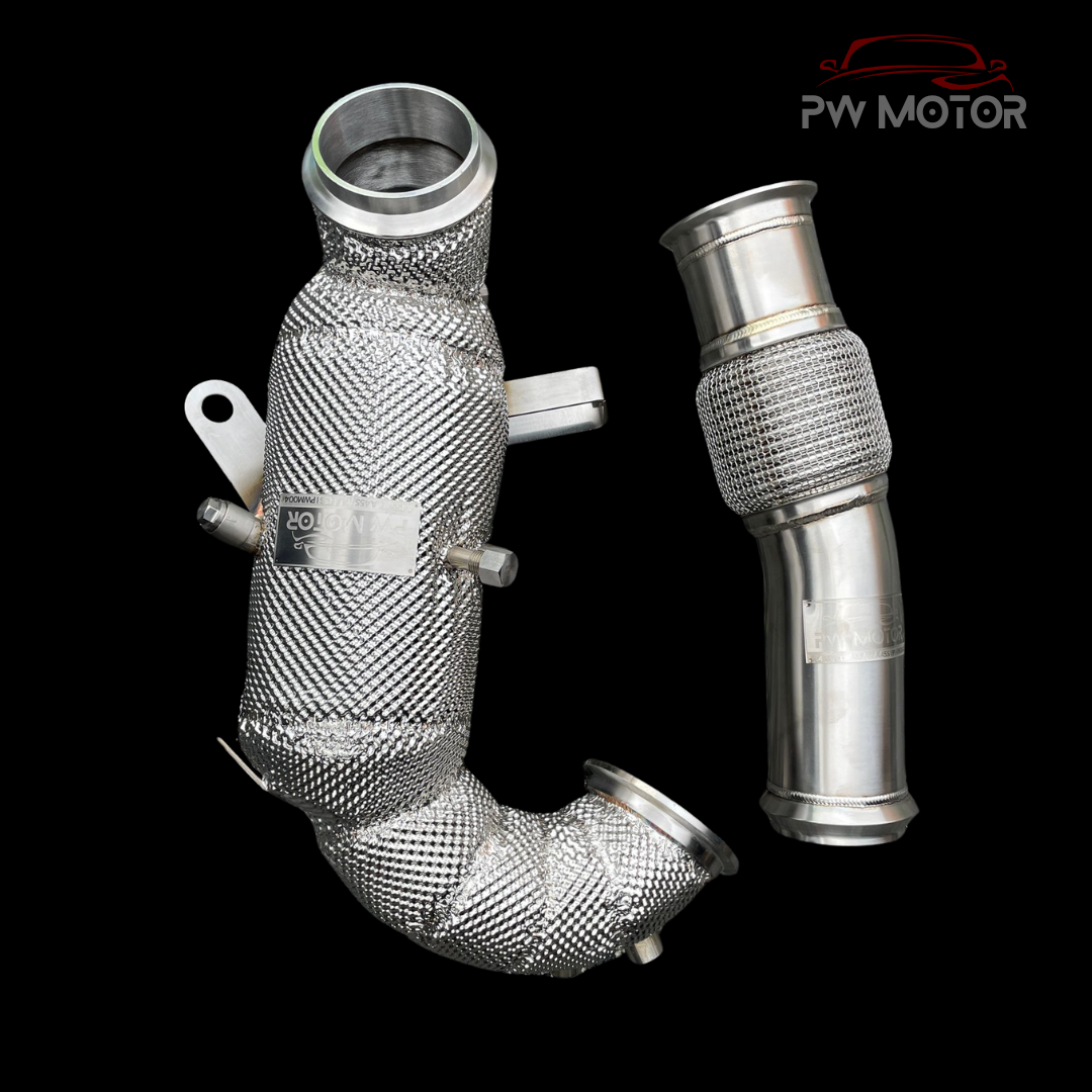 Mercedes A45S / CLA45s 200cell EURO6 Catted 127mm Downpipes Heat Shielded with OPF/GPF and Temperature Sensor with flexi pipe | PW Motor
