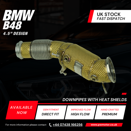 BMW B48 OPF Downpipe F & G Series 120i, 125i, 220i, 230i, 320i, 330i, 420i, 430i, 520i, 530i, 630i, 730i, X3, X4, Supra A90 (Gold Heat Shielded) | PW Motor