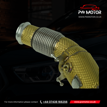 BMW B48 OPF Sport Cats 200Cell Euro 6 Downpipe F & G Series 120i, 125i, 220i, 230i, 320i, 330i, 420i, 430i, 520i, 530i, 630i, 730i, X3, X4, Supra A90 (Gold Heat Shielded) | PW Motor (Copy)
